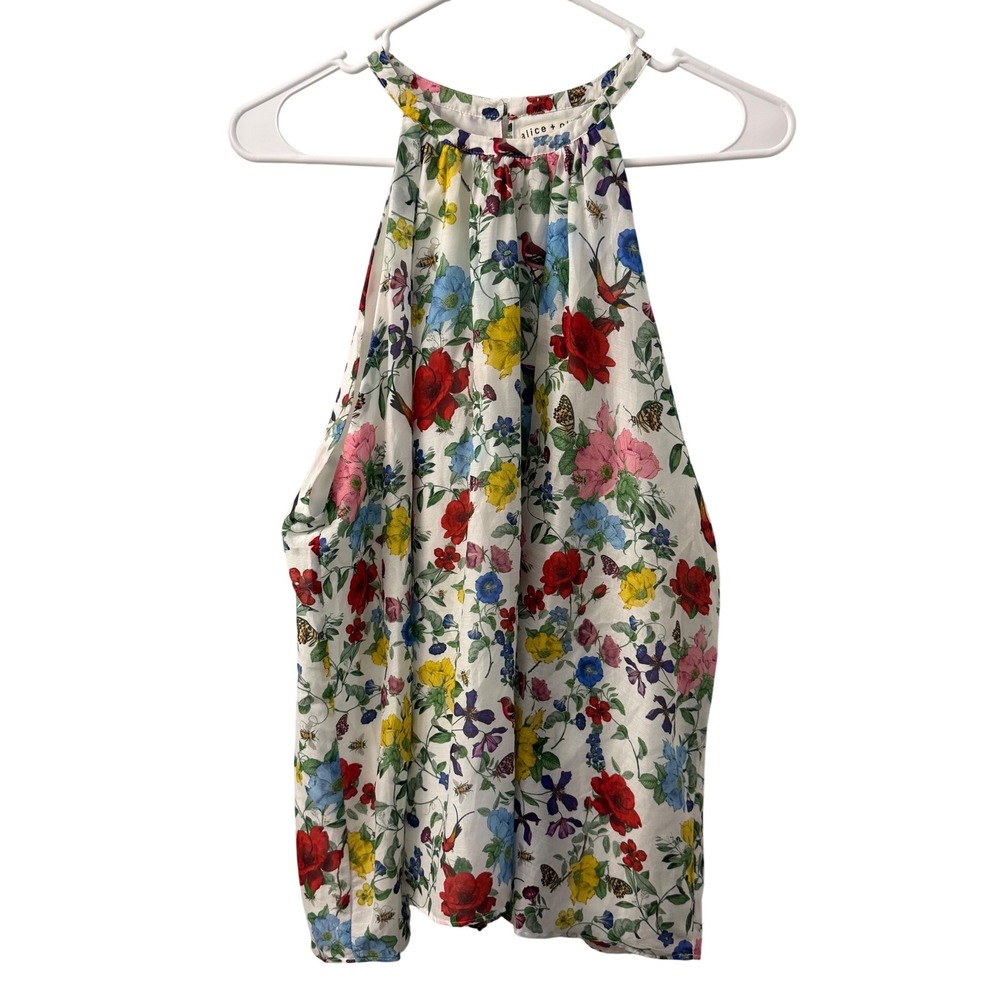 Alice + Olivia Floral Silk Cotton Halter Top White Multicolor Medium Cottagecore